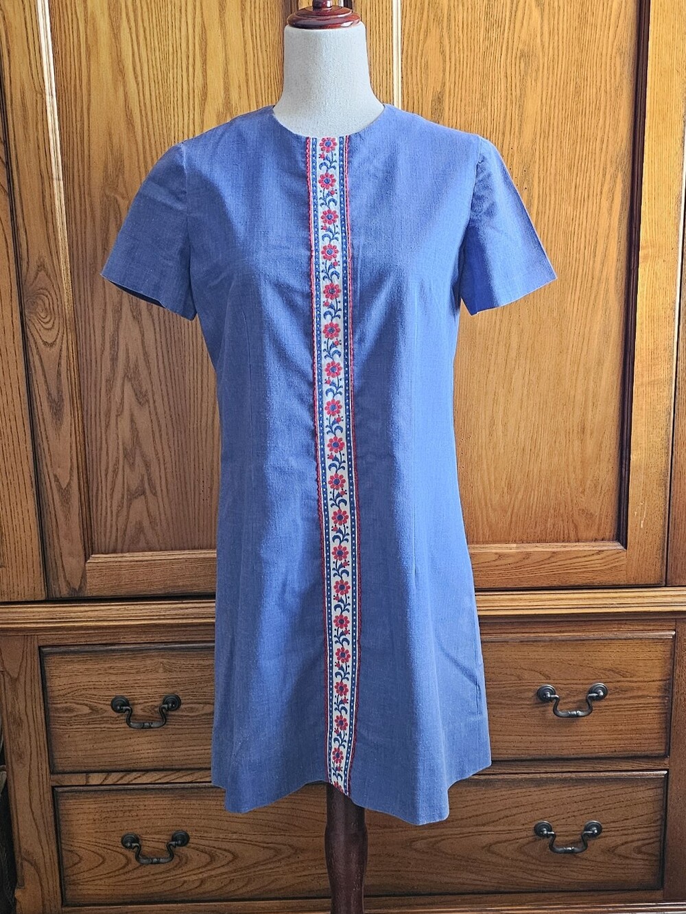 Vintage 60s 70s Blue A-Line Mini Dress Floral Ribbon Trim Mod Folk Boho